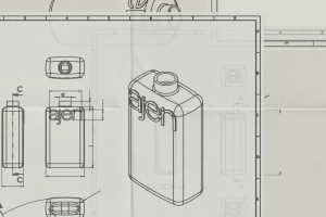 Technical blueprint showing orthographic projections and an isometric view of a bottle with ajen branding.