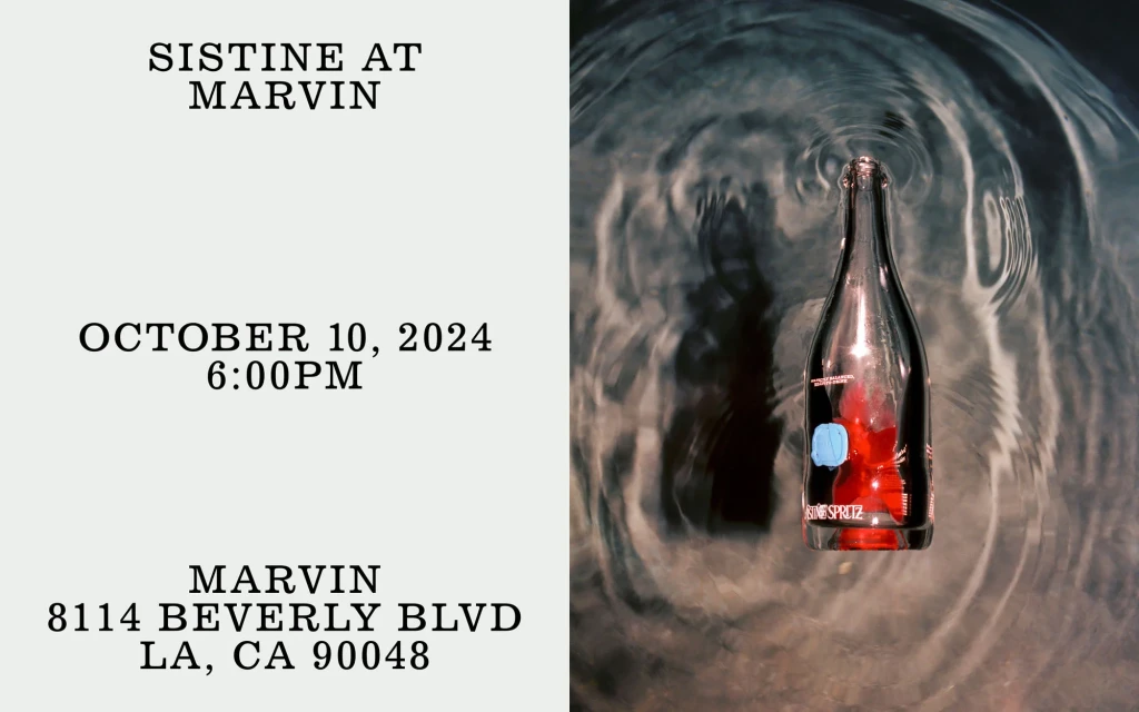 Artistic image features a glass bottle in water, set against a backdrop of rippling water and an off-white background with text.