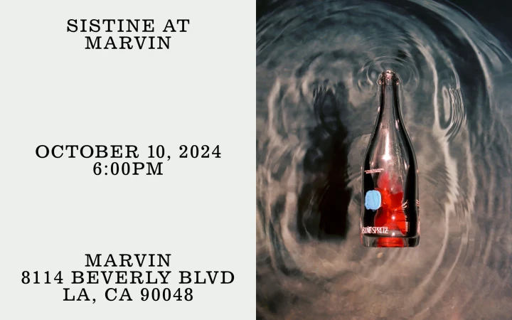 Artistic image features a glass bottle in water, set against a backdrop of rippling water and an off-white background with text.