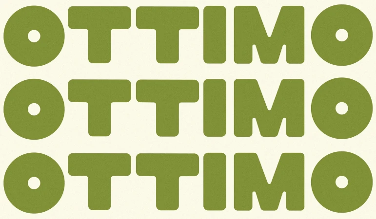 Three rows of the word 'OTTIMO' in green, repeated against a cream background. Bold sans-serif letters are a modern graphic design.
