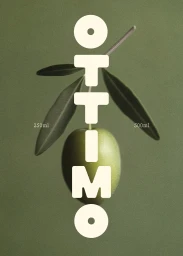 Green olive on a twig with leaves against an olive green background with large white typography reading OTTIMO