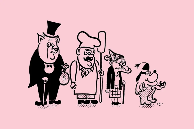 Illustration of four cartoon characters in black outline on a pink background: a pig, a chef, an old man, and a dog.