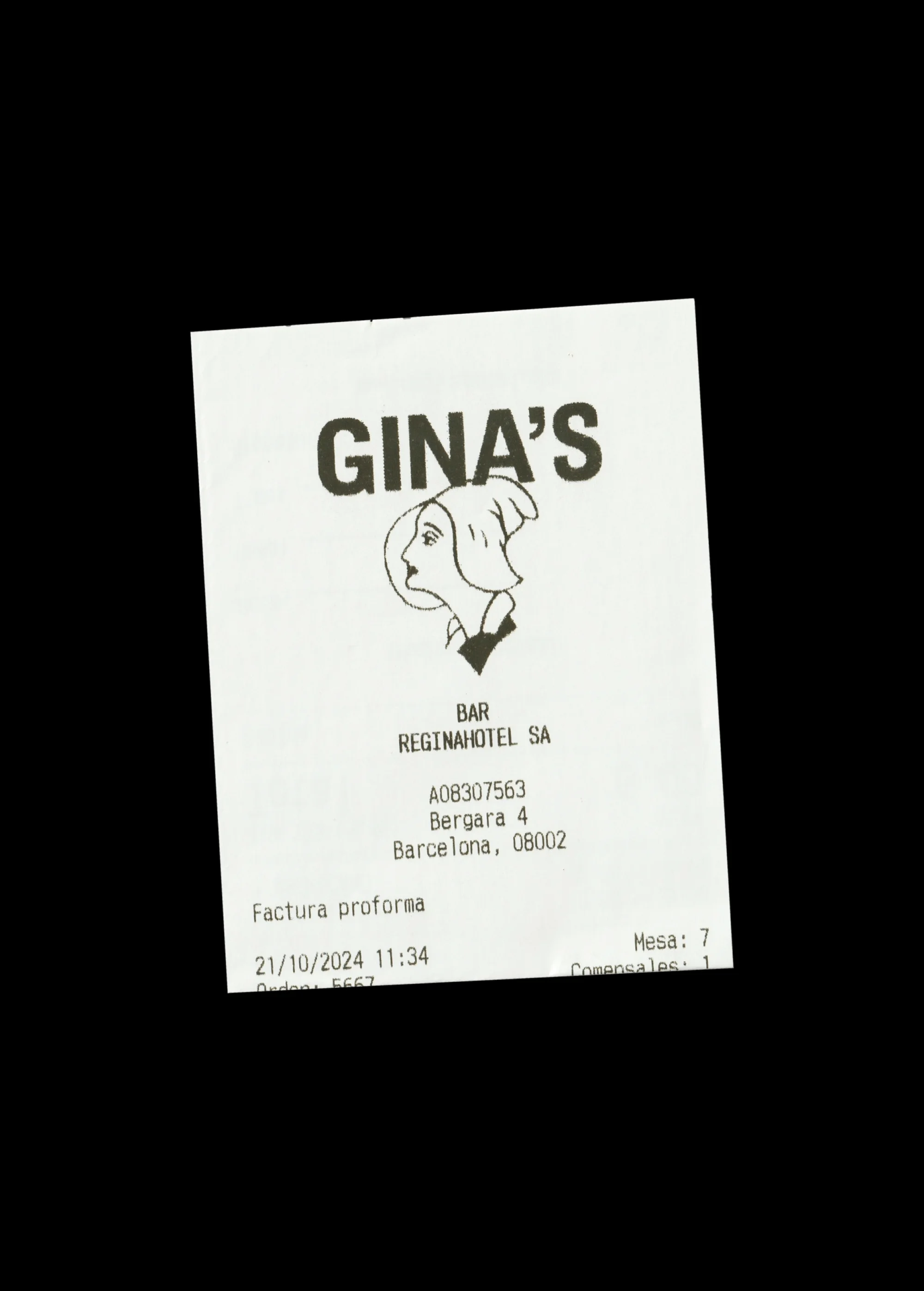 Receipt from Gina's bar with a woman's profile, showcasing the bar's logo, address in Barcelona, and invoice details on a black background.