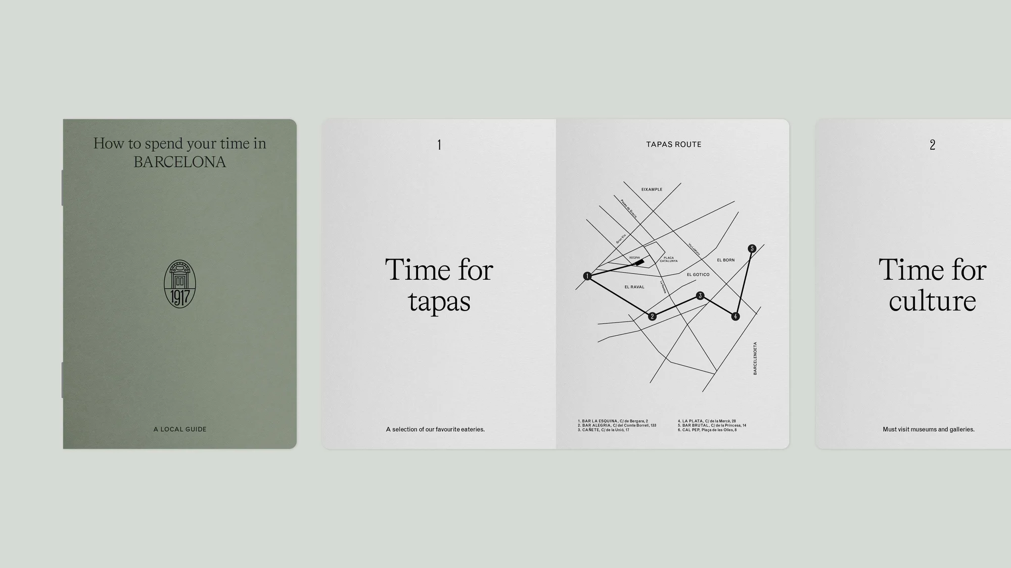 Guide book showcasing travel to Barcelona with a local's perspective, highlighting tapas routes and cultural experiences, using minimal design.