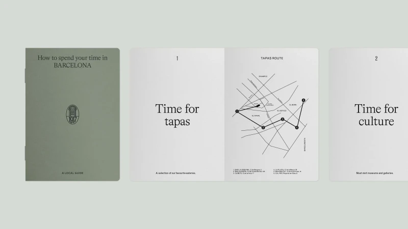 Guide book showcasing travel to Barcelona with a local's perspective, highlighting tapas routes and cultural experiences, using minimal design.