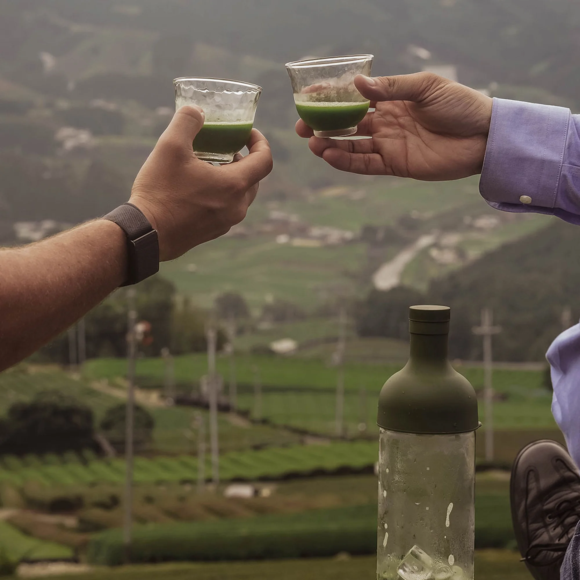 Two people toasting with green drinks outdoors, featuring a bottle, green hills, and sky in the background, captured in a medium shot.