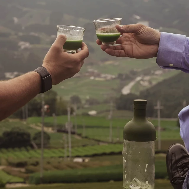 Two people toasting with green drinks outdoors, featuring a bottle, green hills, and sky in the background, captured in a medium shot.