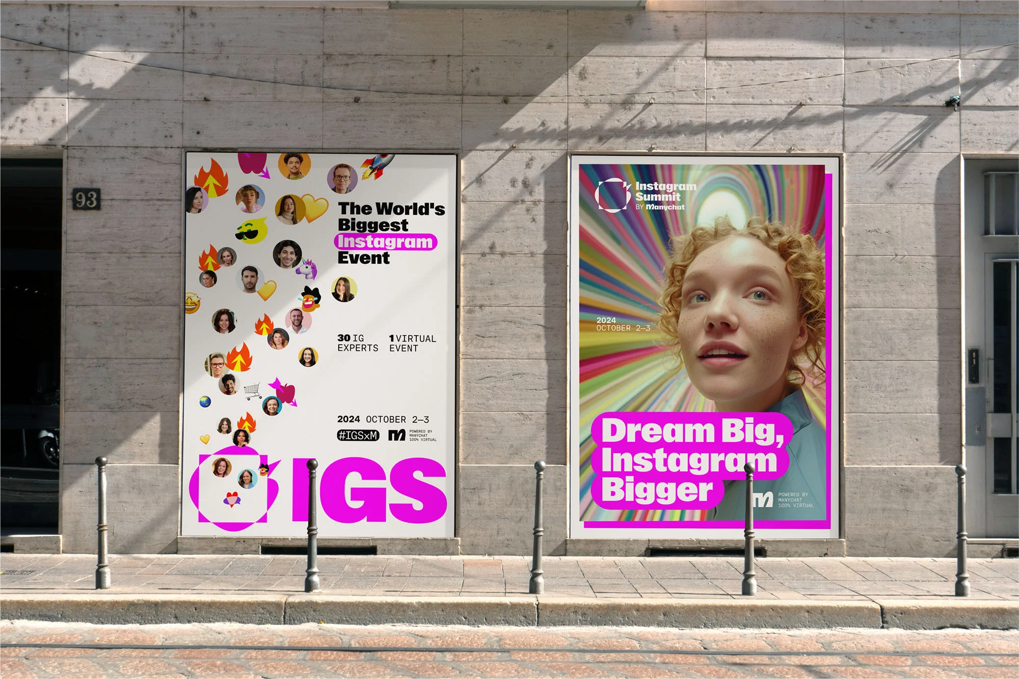 Two outdoor posters promoting the Instagram Summit event, featuring portraits, logos, and event details against a textured wall.