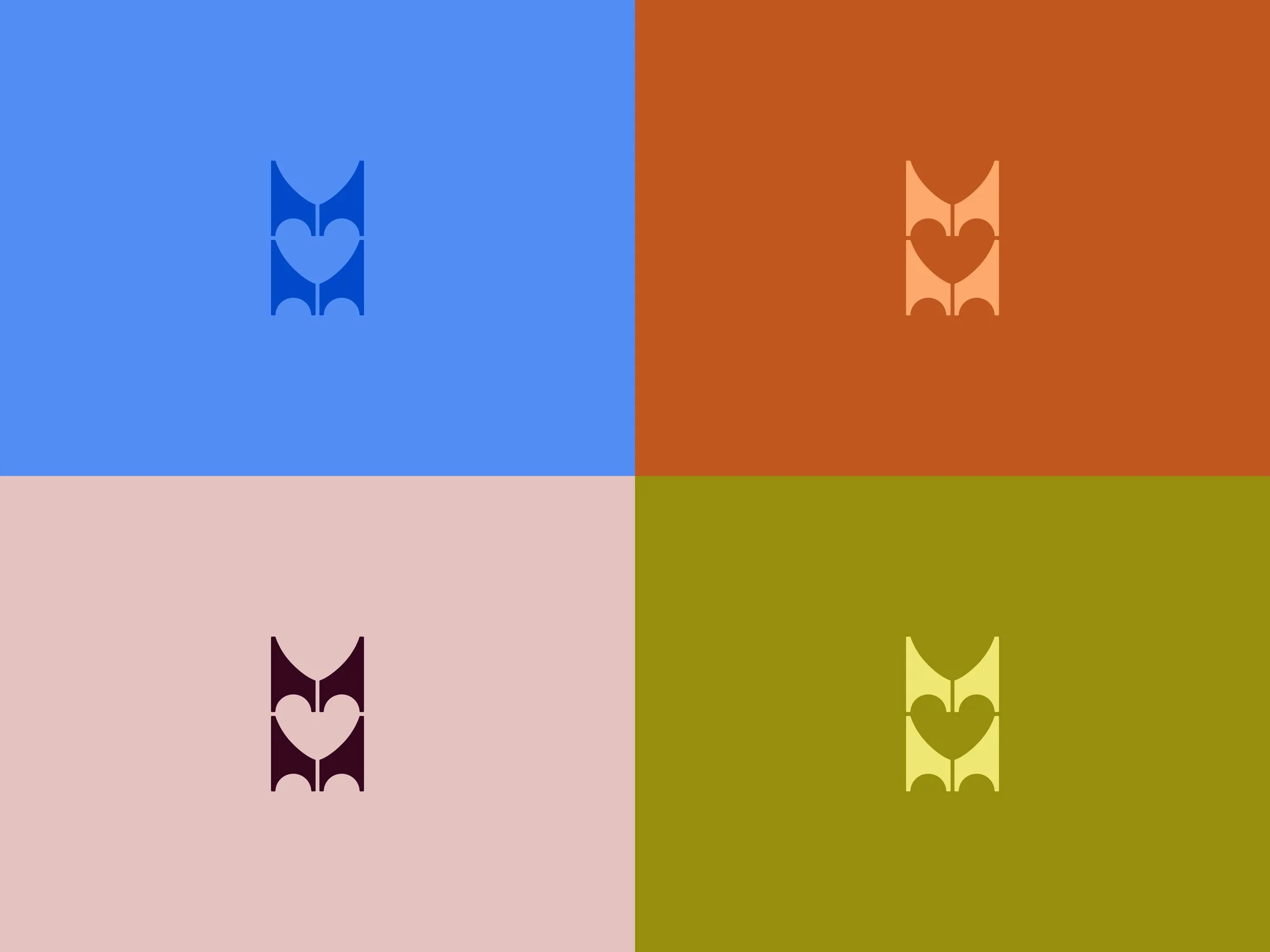 Abstract graphic design featuring a heart-shaped emblem against four contrasting color block backgrounds in a symmetrical composition.