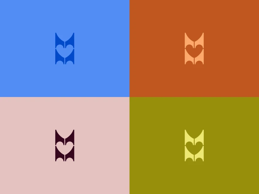 Abstract graphic design featuring a heart-shaped emblem against four contrasting color block backgrounds in a symmetrical composition.