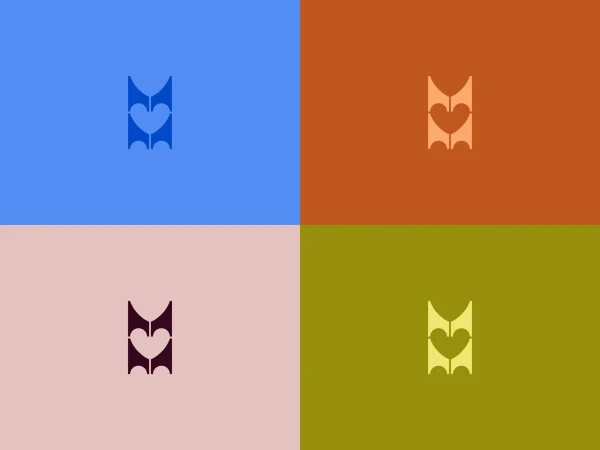 Abstract graphic design featuring a heart-shaped emblem against four contrasting color block backgrounds in a symmetrical composition.
