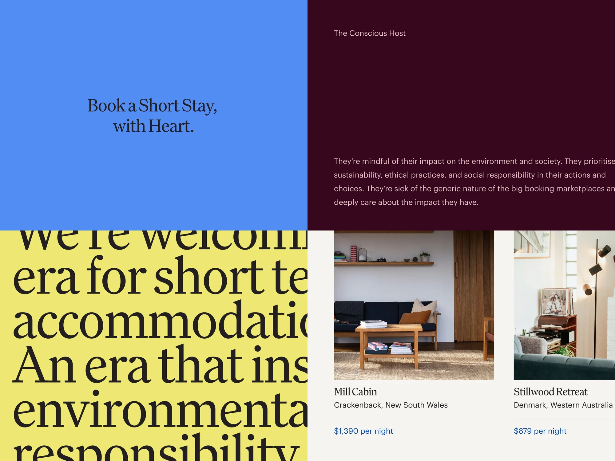 Website design showcasing short-term stay accommodations with text elements in blue and yellow, and interior design room previews.