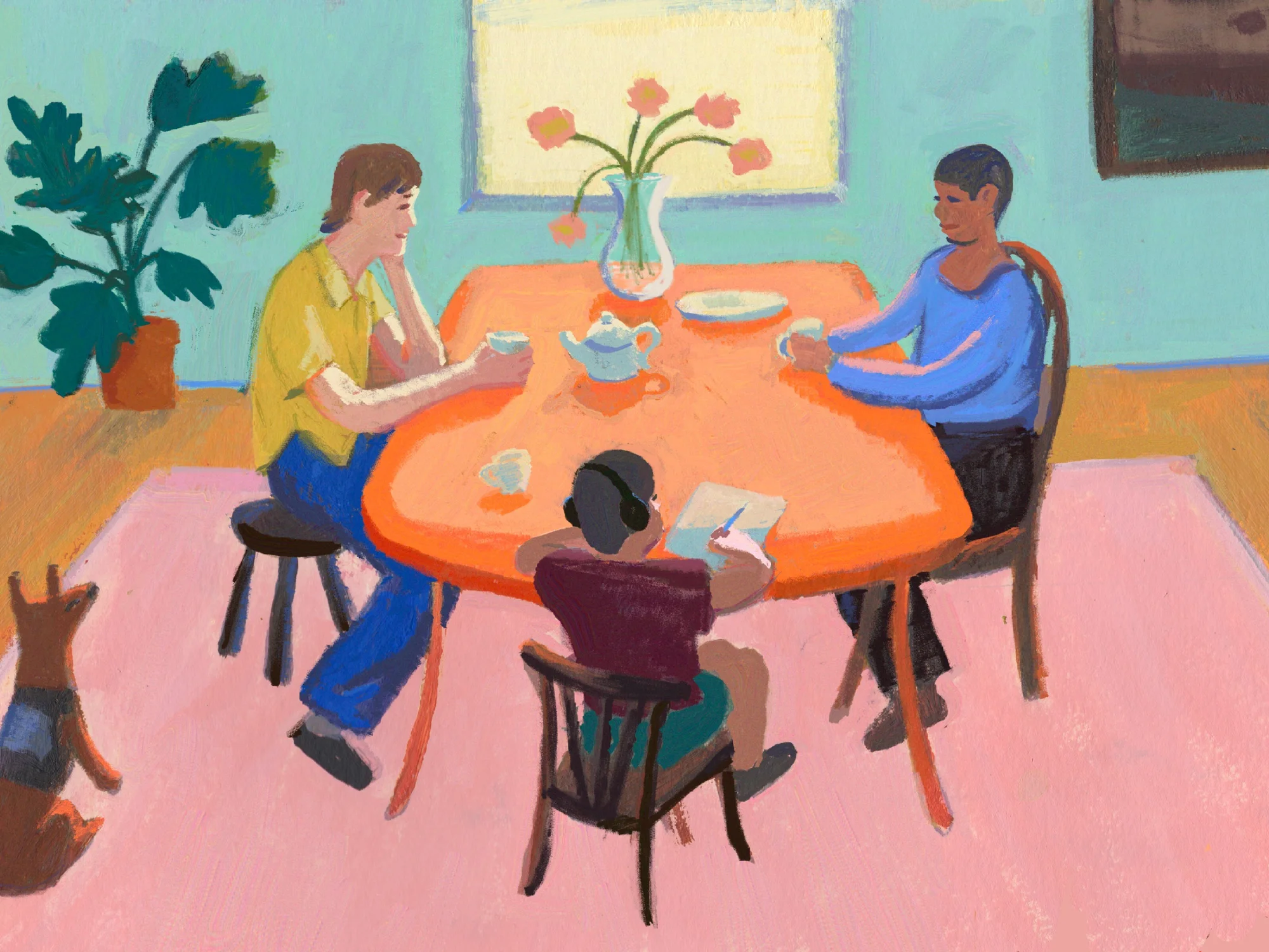 Painterly rendering of three people seated around an orange table with tea and one child drawing, set in a light-filled indoor setting.