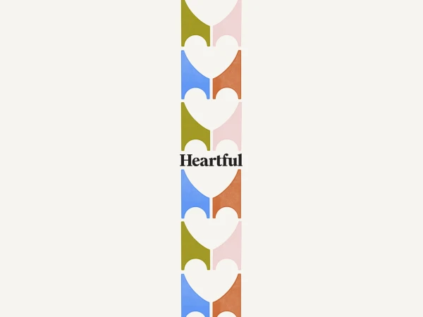 Graphic art with geometric heart shapes in olive green, blue, peach, and pink, arranged vertically with the word 'Heartful' in the center.