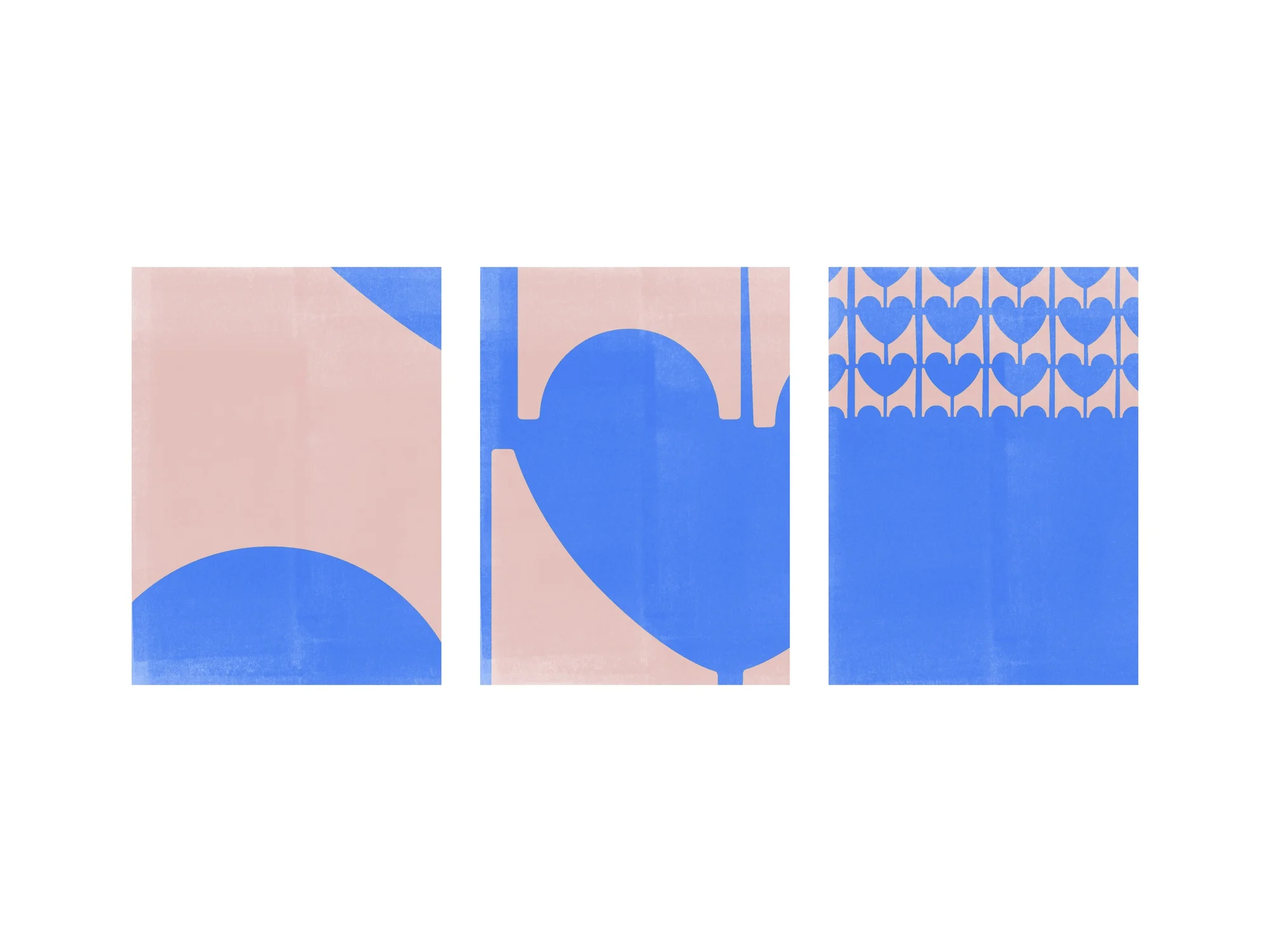 Abstract art featuring geometric shapes and heart patterns in shades of blue and light pink arranged in a triptych format on a white background.