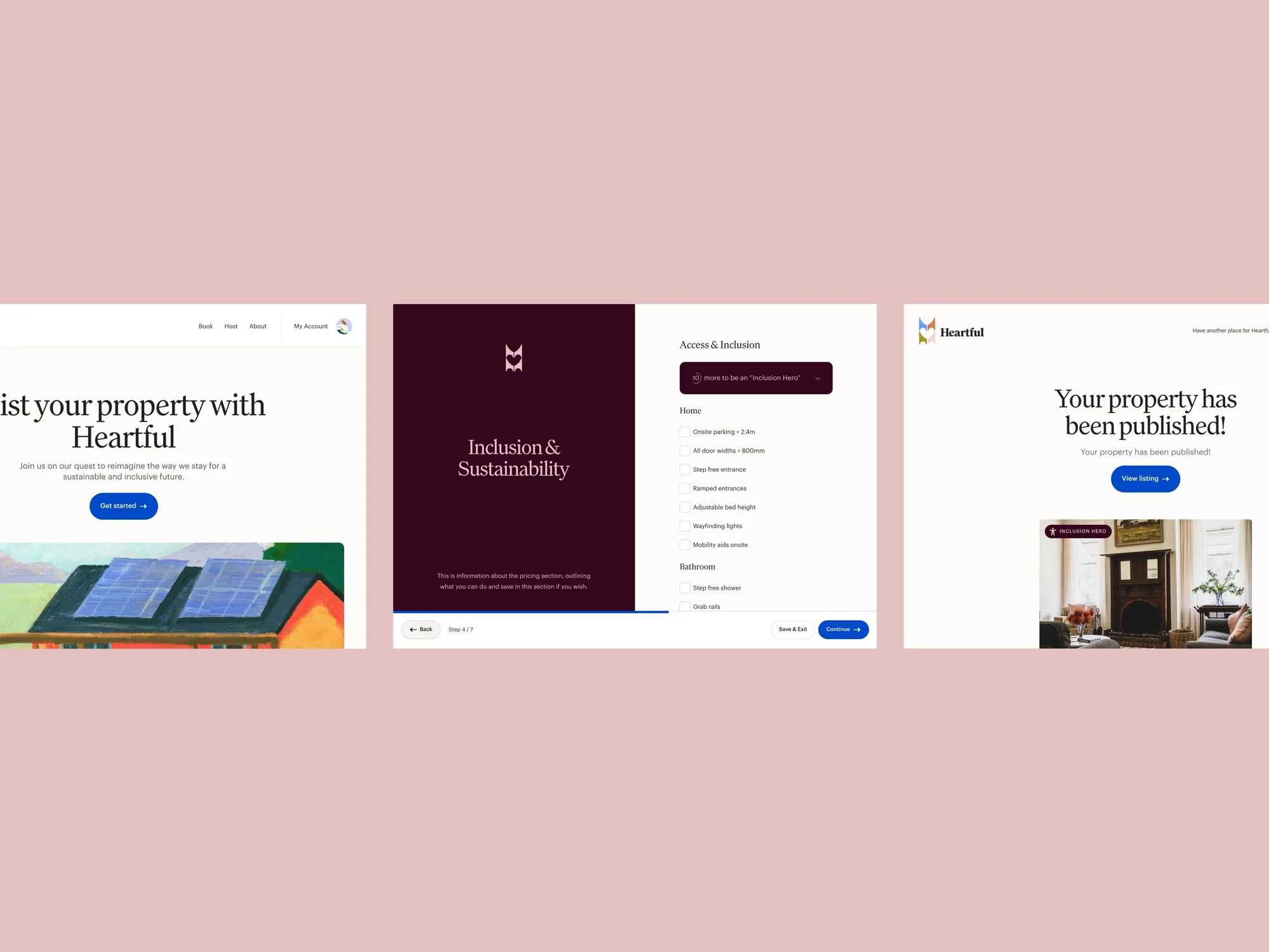 Website screenshots of Heartful property listing pages focusing on sustainability and inclusion, plus property publishing confirmation.