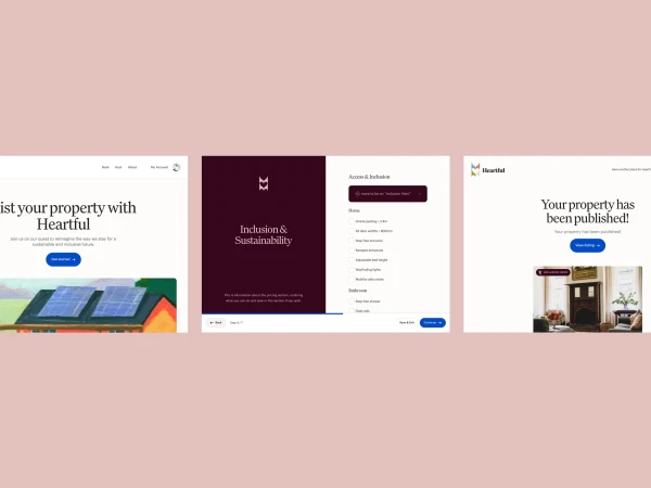 Website screenshots of Heartful property listing pages focusing on sustainability and inclusion, plus property publishing confirmation.