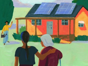 An illustrated scene shows an orange house with solar panels, a person waving, and two people walking in the foreground.
