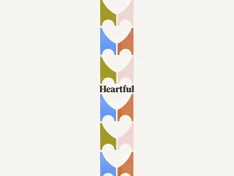 Vertical column of repeating heart motifs in olive, blue, pink, and terracotta against a plain off-white background