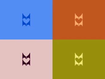Four-quadrant graphic design featuring a heart logo variation in blue, orange, pink, and olive green.