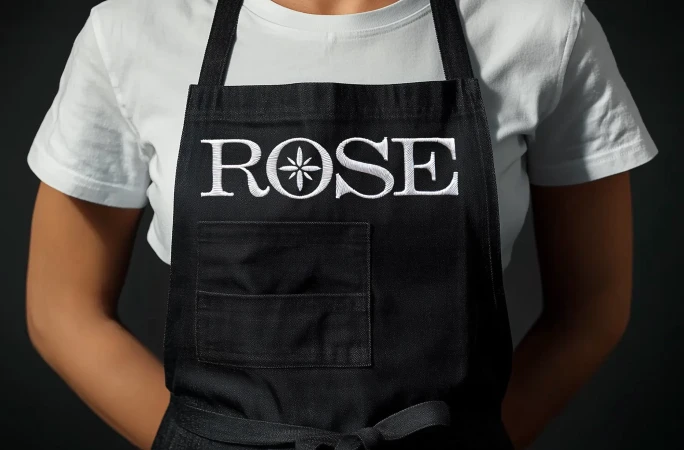Person wearing black apron with 'ROSE' embroidered in white, featuring a floral asterisk; close-up studio shot, fashion-forward cooking apparel.