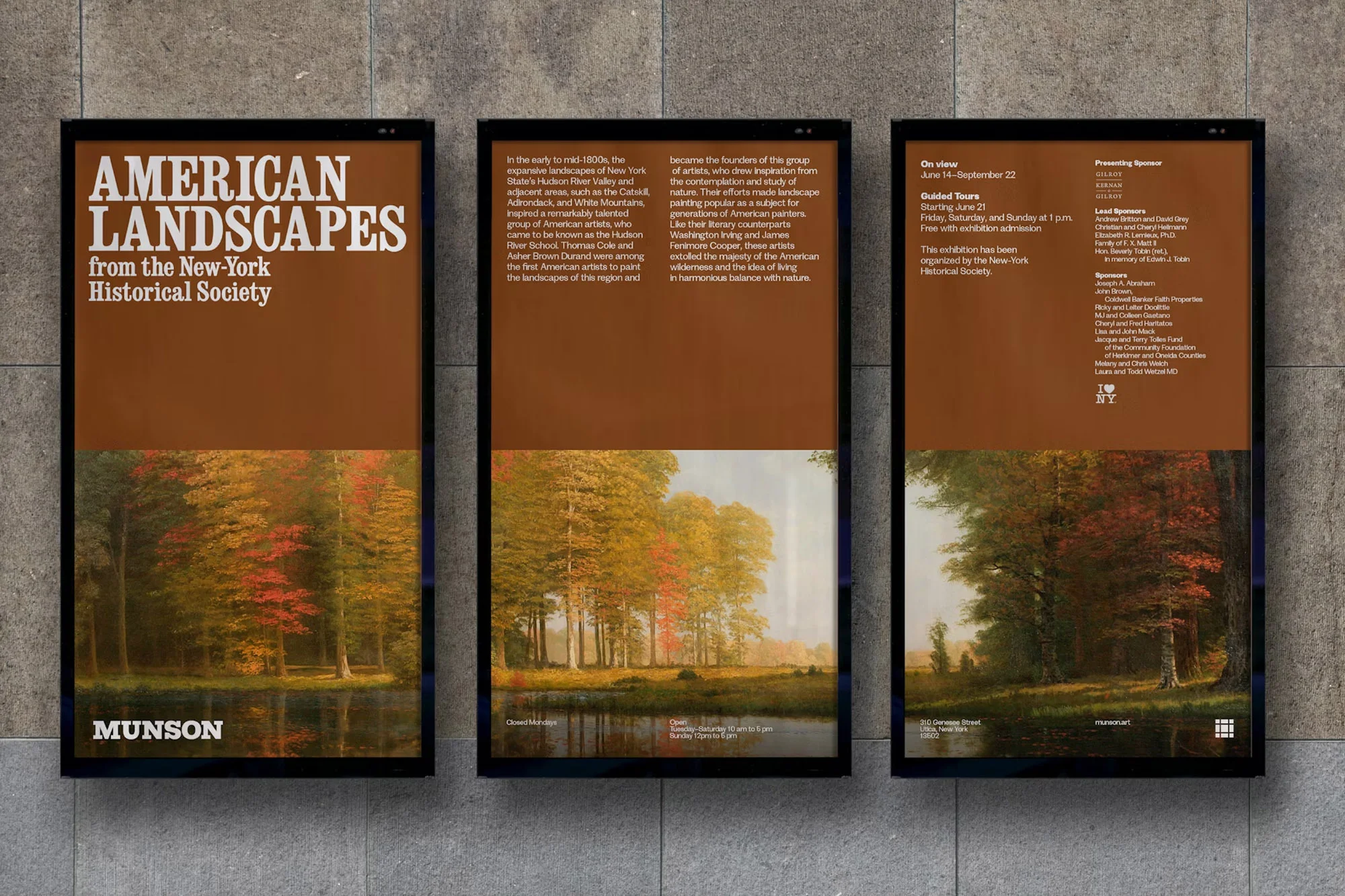 Three posters for an art exhibition titled 'American Landscapes' featuring landscape paintings of forests and bodies of water.