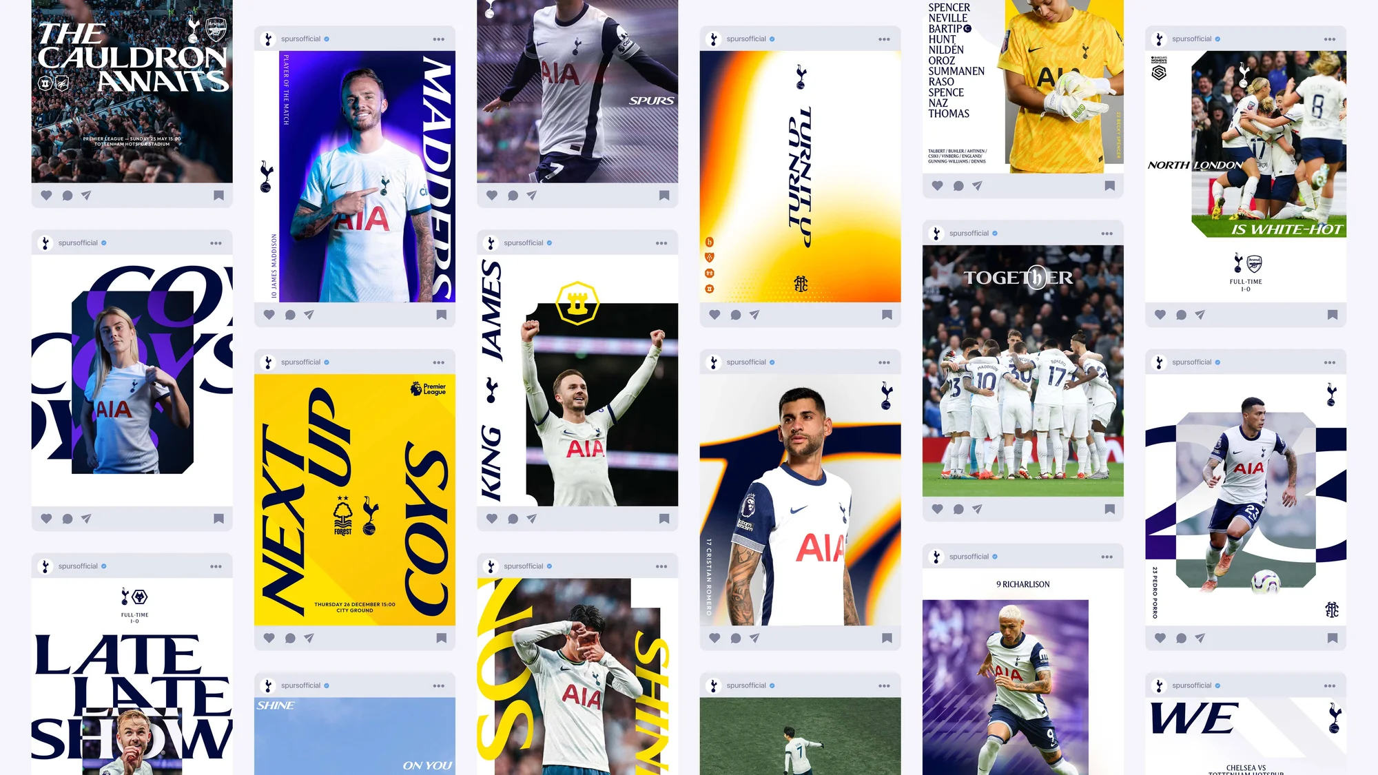 Multiple promotional posters for Tottenham Hotspur football club featuring players, logos, and team colors; sports and football promotion.