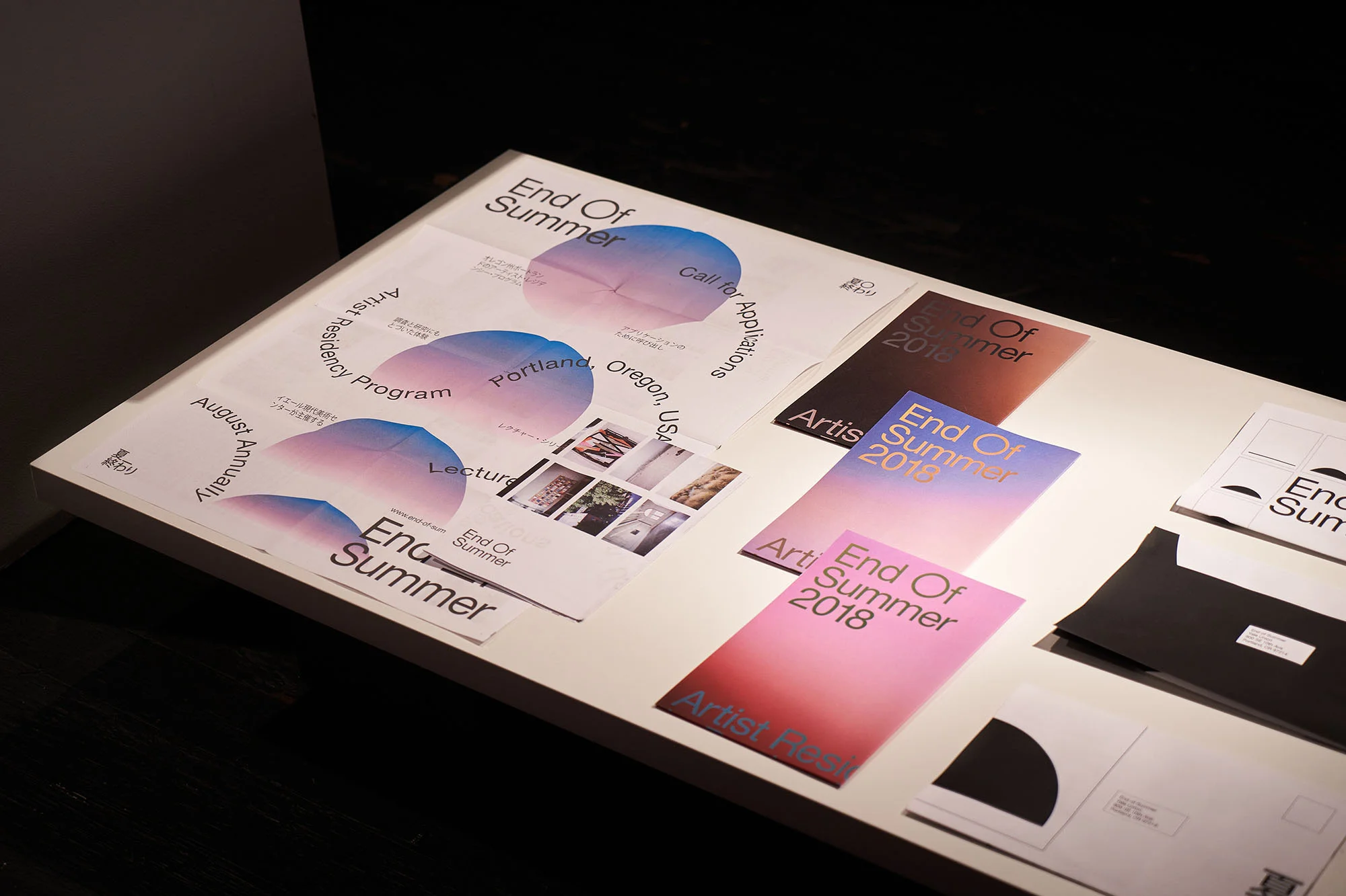 Promotional posters for an End of Summer artist residency program and lecture series, featuring modern typography and design elements.