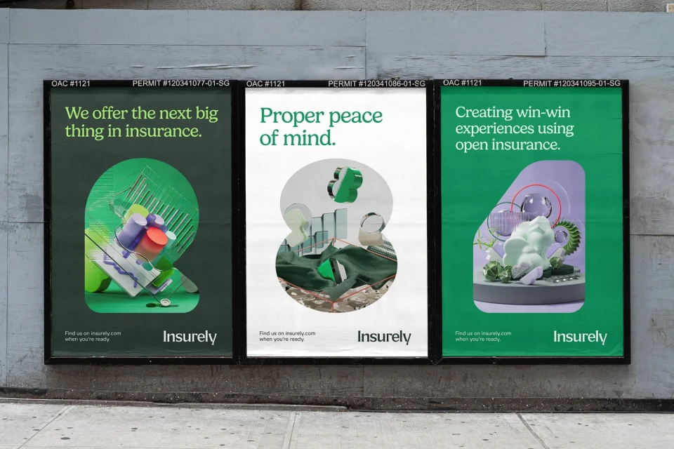 Outdoor advertisement featuring three 'Insurely' insurance posters in green and white, promoting peace of mind and win-win experiences.