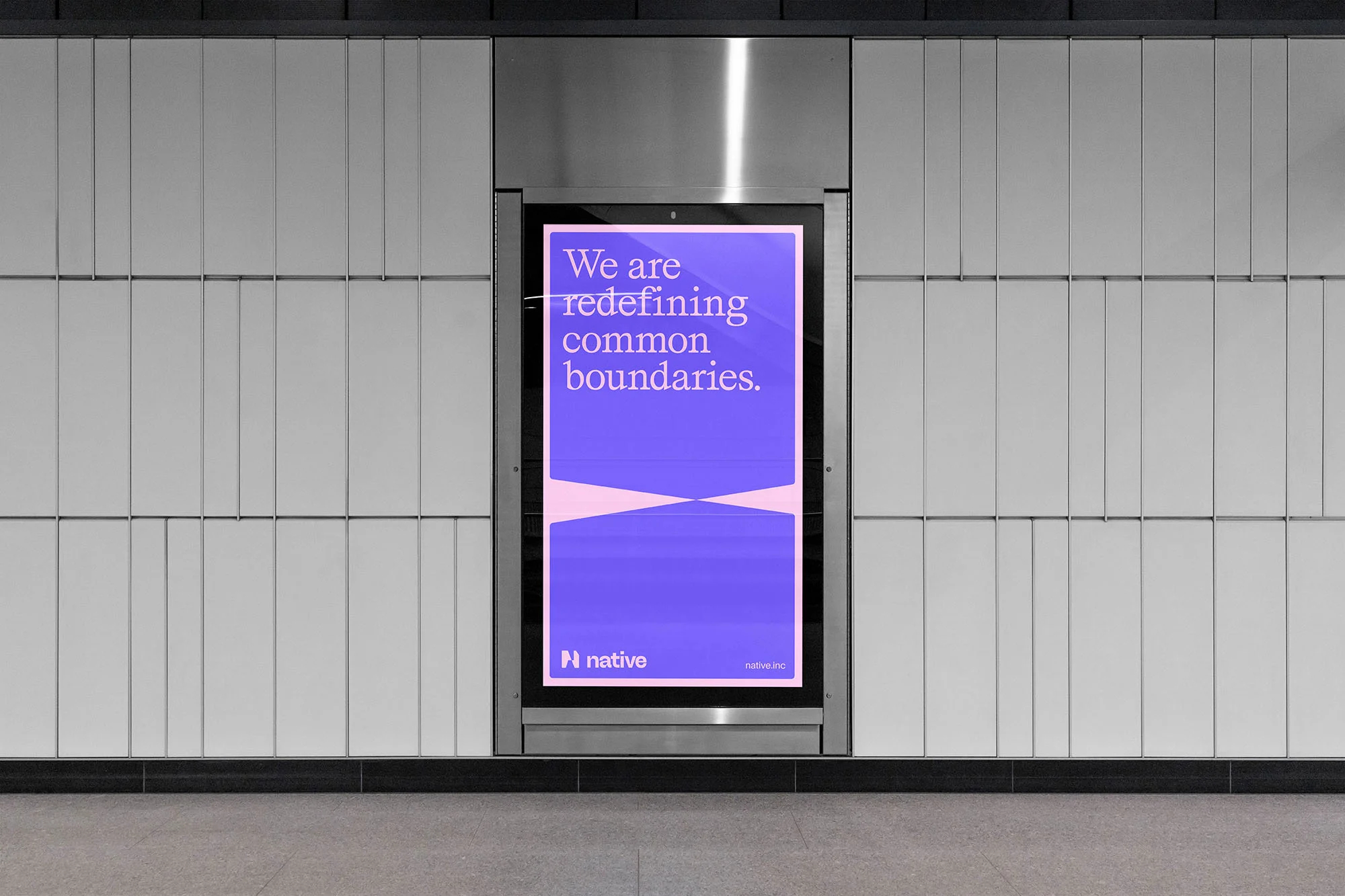 A modern advertisement for Native displays a violet background with the company logo and defining text, positioned against a tile wall.