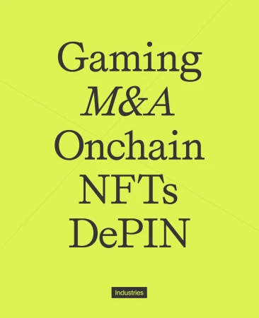 Text art with keywords like 'Gaming', 'M&A', 'Onchain', 'NFTs', and 'DePIN' in bold typeface against a bright yellow backdrop.