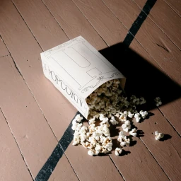 Spilled box of popcorn featuring custom typography on a weathered wooden plank floor with harsh shadows.