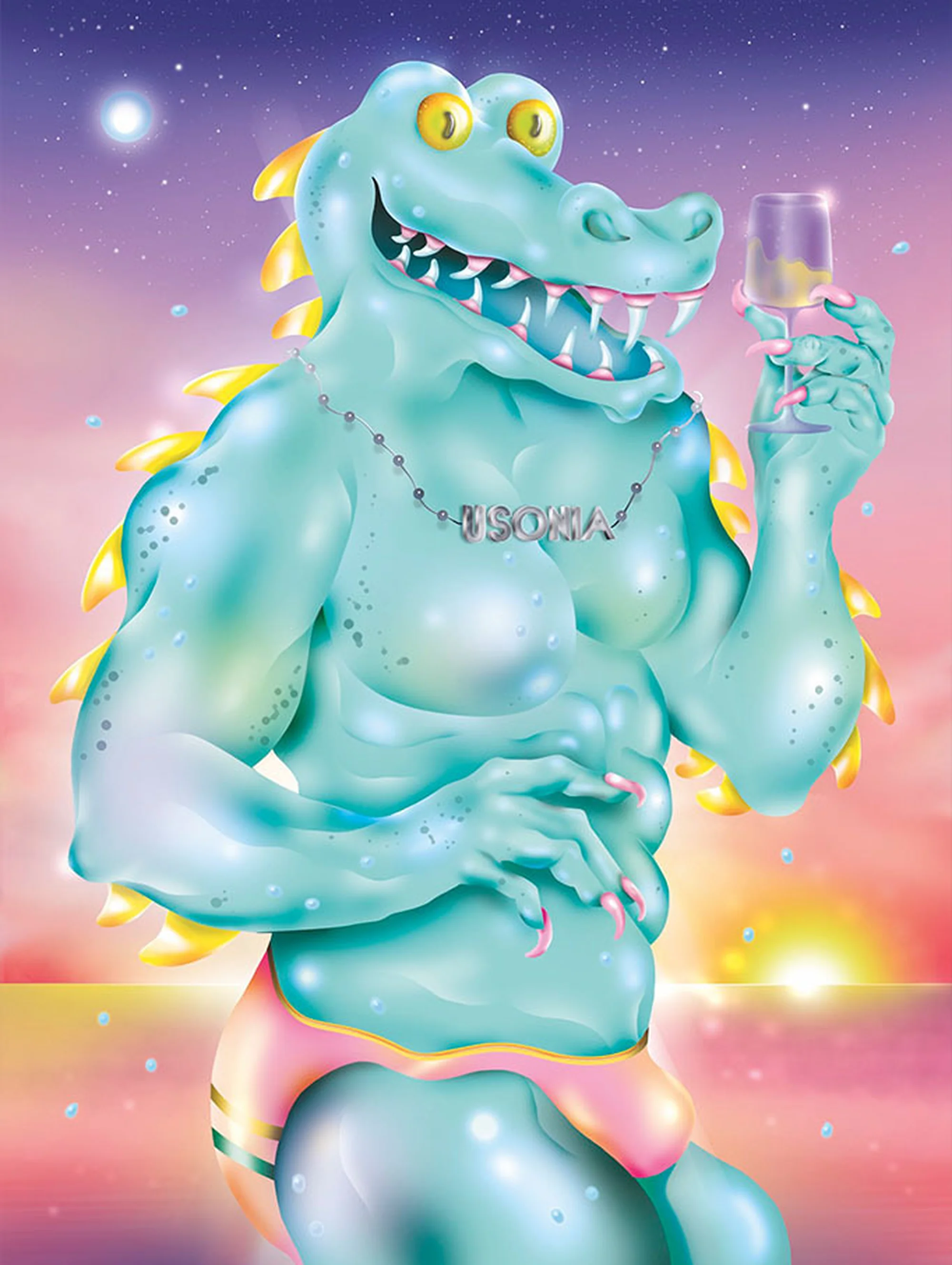 Illustration of an anthropomorphic blue alligator wearing pink swim trunks and necklace, holding a champagne glass with a sunset backdrop.