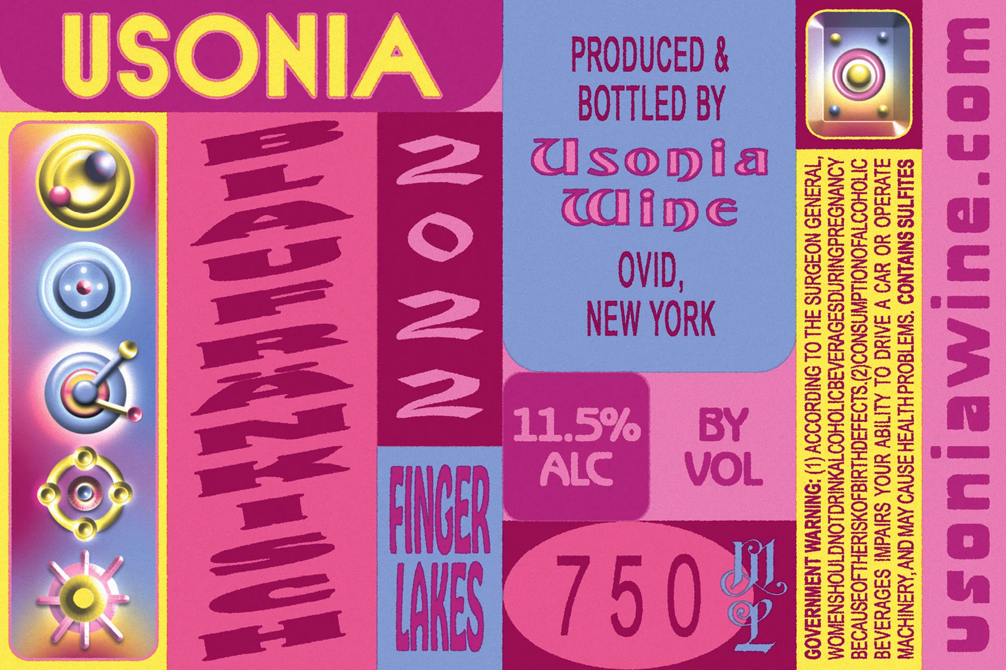 Wine bottle label for USONIA features geometric shapes, bright colors, and stylized text promoting the Finger Lakes wine. 