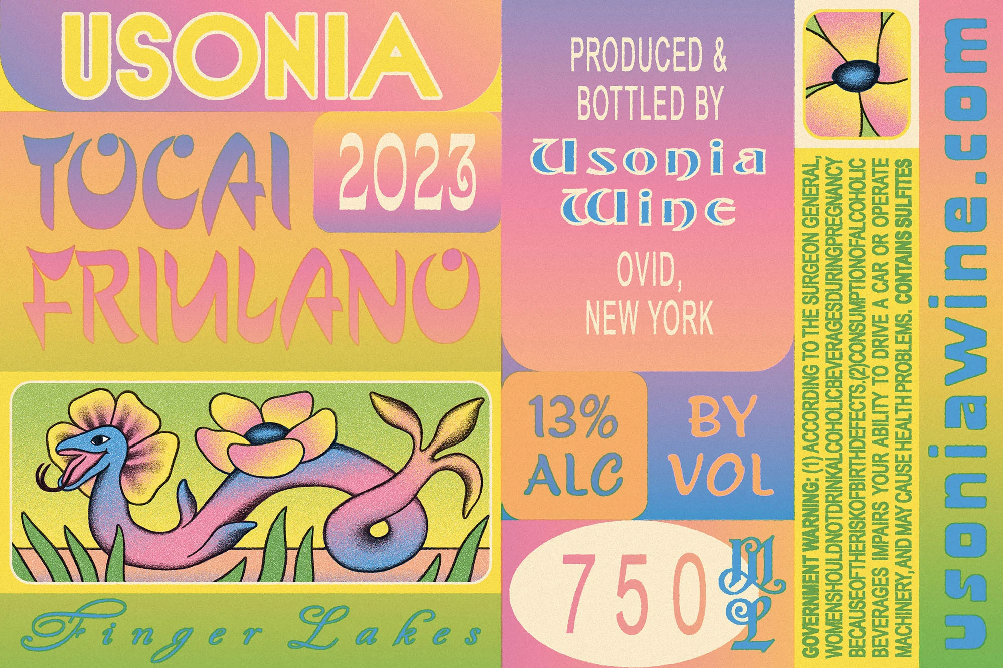 Artistic wine label featuring Usonia Tocai Friulano 2023, blending psychedelic text with a stylized snake and flower illustration.