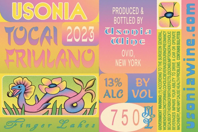 Artistic wine label featuring Usonia Tocai Friulano 2023, blending psychedelic text with a stylized snake and flower illustration.