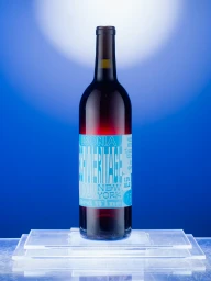 A dark wine bottle with a blue graphic label standing centered on a stacked transparent tiered stand against a blue gradient backdrop