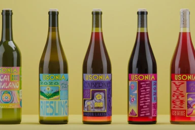 Five wine bottles lined up against a solid yellow background, showcasing colourful illustrated labels by Elana Schlenker for Usonia Wine.