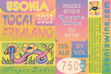 Colorful wine label graphic design for Usonia Wine featuring whimsical typography and an illustrated serpent.