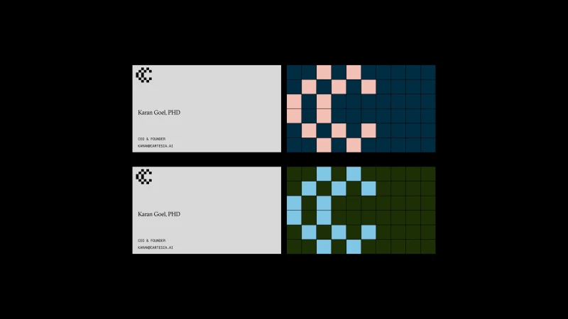 Business cards with modern design featuring text 'Karan Goel, PHD, CEO & FOUNDER, KARANICARTESIA.AI' and abstract pixelated logos on a black background.