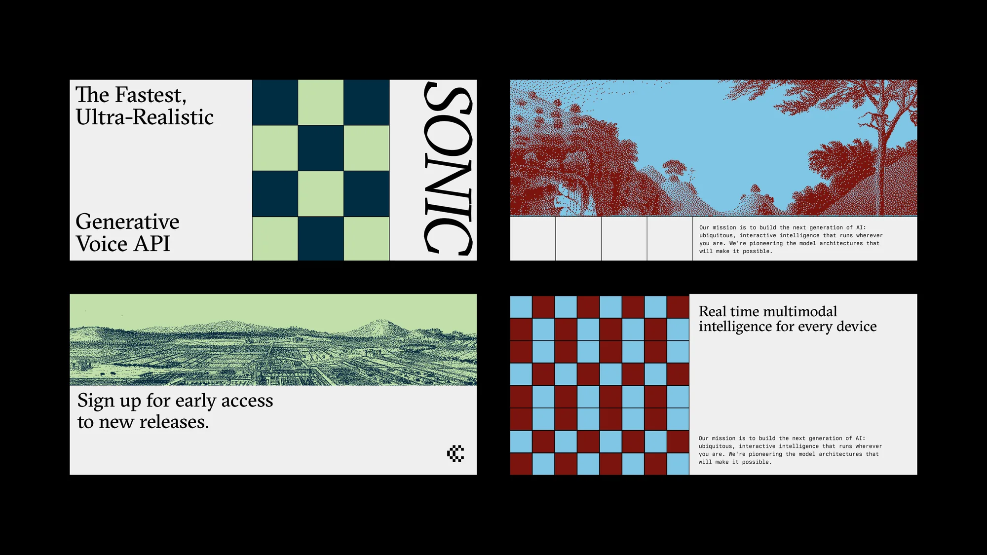Graphic art advertisement featuring geometric patterns, landscapes, and text promoting AI voice and multimodal intelligence technology.