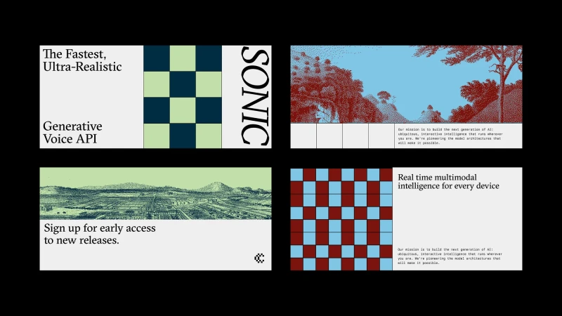 Graphic art advertisement featuring geometric patterns, landscapes, and text promoting AI voice and multimodal intelligence technology.