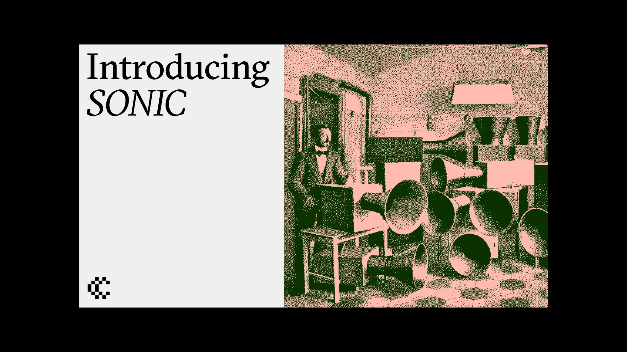 Vintage-style promotional art featuring an adult male in a suit surrounded by an array of speakers, with text overlay 'Introducing SONIC'.