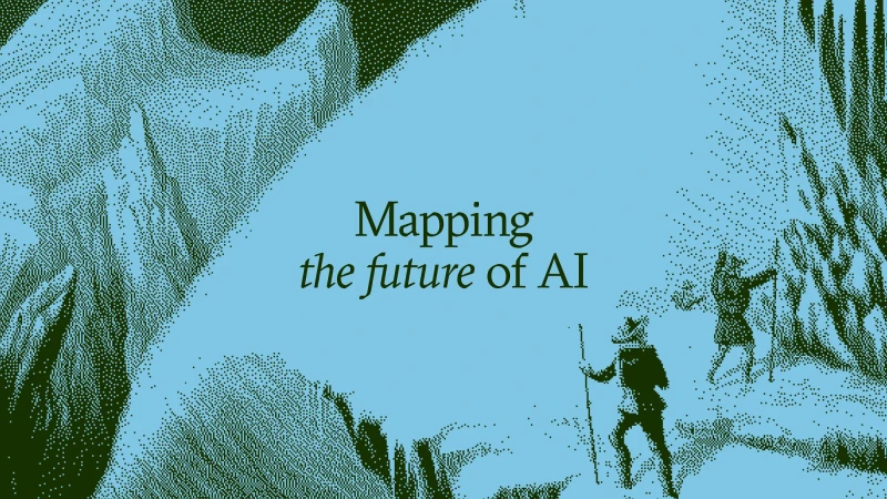 Illustration of two people hiking in a mountain landscape with overlayed text 'Mapping the future of AI' in an engraved style, blue and green.