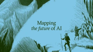 Two figures with walking sticks ascend a rocky mountain landscape depicted in a duotone dot-matrix graphic style.