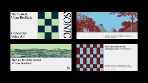 Four graphic design panels showcasing branding elements with typographic layouts, checkered patterns, and engraved illustrations.