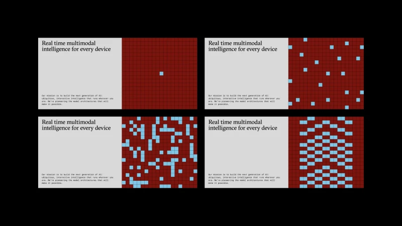 Four-panel graphic design for Cartesia showing progressive blue squares appearing across a red gridded field against a light panel.