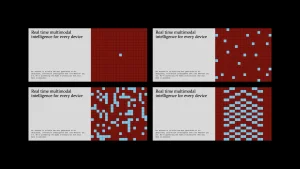 Four-panel graphic design for Cartesia showing progressive blue squares appearing across a red gridded field against a light panel.