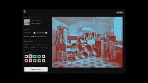Interface mockup showing image dithering software with a duotone processed historical photo of people and large horns