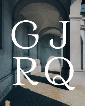 Classical architectural arches and stone columns with overlaid white serif letters GJ RQ against a sunlit stone courtyard.